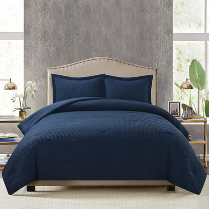 Chezmoi Collection Wilmer 3-Piece Waffle Weave Comforter Set - Soft and Cozy All Season Bedding Set, King, Navy