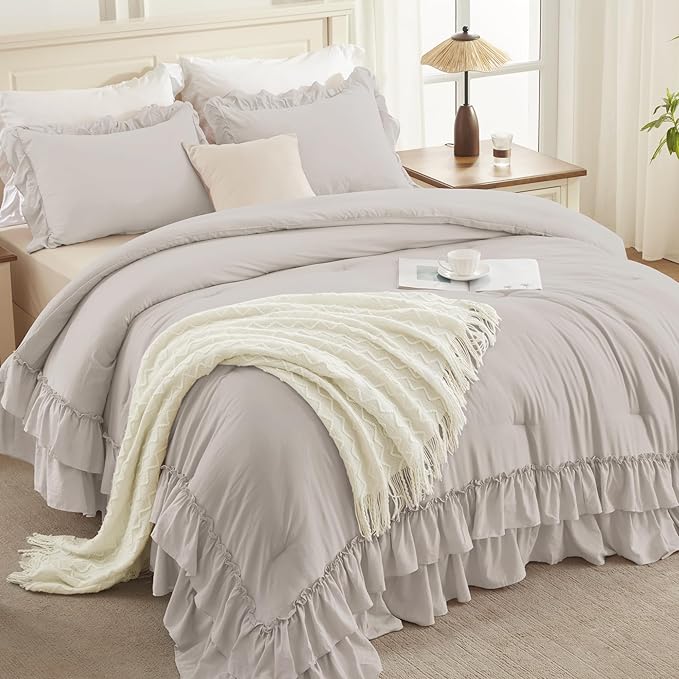 Andency Linen King Comforter Set (104x90Inch), 3 Pieces Ruffle Bedding Set with 2 Pillowcases, Farmhouse Shabby Chic Lightweight Fluffy Soft All Season Bed Set