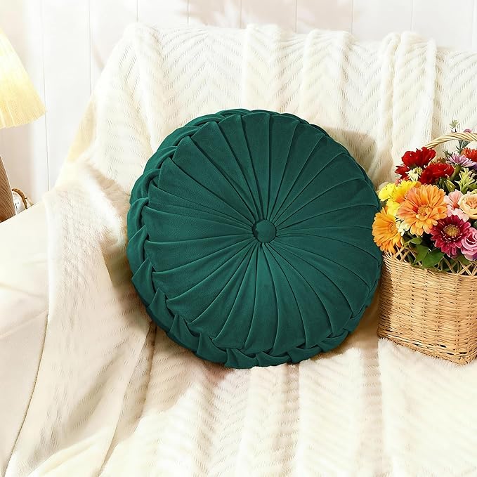 ROSE&RISY Round Pleated Hand-Stitched Velvet Throw Pillow, 1 Pcs Decorative Accent Pumpkin Pillow Cushion for Couch Sofa Chair Bed Car Home Decor (14.5 Inch, Teal)