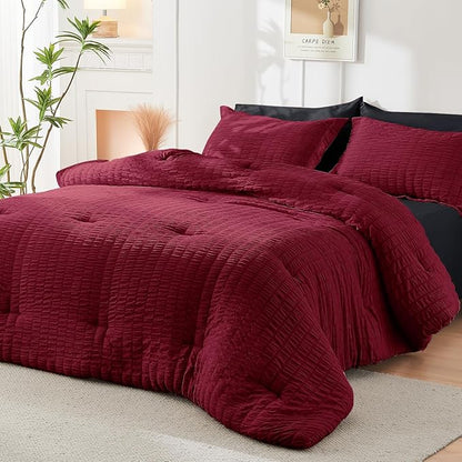 HYMOKEGE Red & Black Full Size Comforter Sets Seersucker 7 Pieces, All Season Luxury Bed in a Bag for Bedroom, Bedding Set with Comforters, Sheets, Pillowcases & Shams