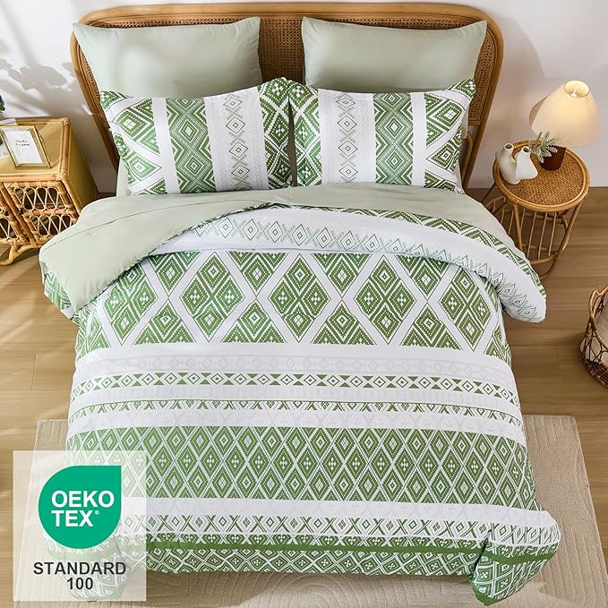 Luxudecor Green Comforter Set King Size 7 Pieces,Boho Aztec Comforter with Sheet Set,Geometric Striped Pattern Bed in a Bag,Soft Microfiber Bed Set 104"x90"