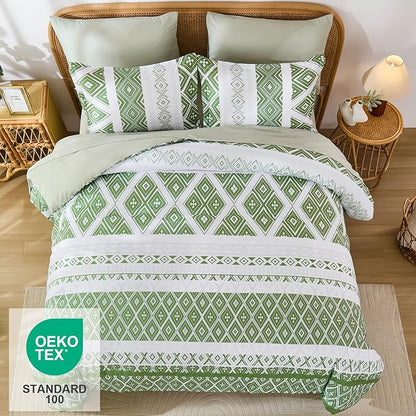 Luxudecor Green Comforter Set King Size 7 Pieces,Boho Aztec Comforter with Sheet Set,Geometric Striped Pattern Bed in a Bag,Soft Microfiber Bed Set 104"x90"