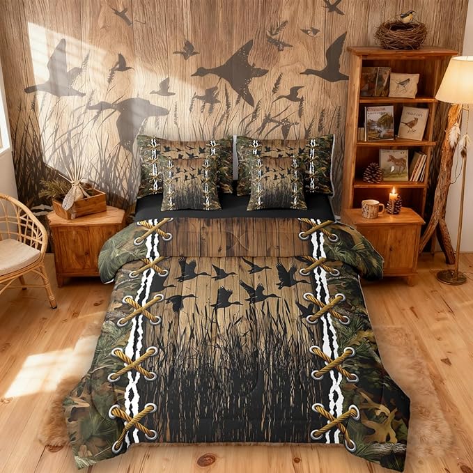 Erosebridal Duck Camo Comforter Set 7-Piece Bed in a Bag Twin | Wild Duck Bedding Sets Mens Fall Leaves Camo Comforter and Sheet Set, Woodland Animals Farmhouse Room Decor,Hunting Rustic Cabin Decor