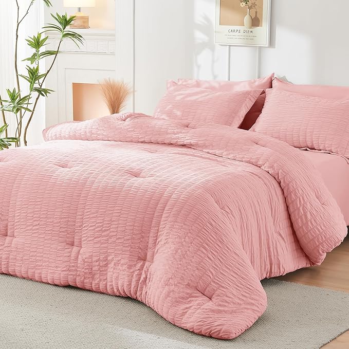 HYMOKEGE Rose Pink California King Comforter Set Seersucker 7 Pieces, All Season Luxury Bed in a Bag for Bedroom, Bedding Set with Comforter, Sheets, Pillowcases & Shams
