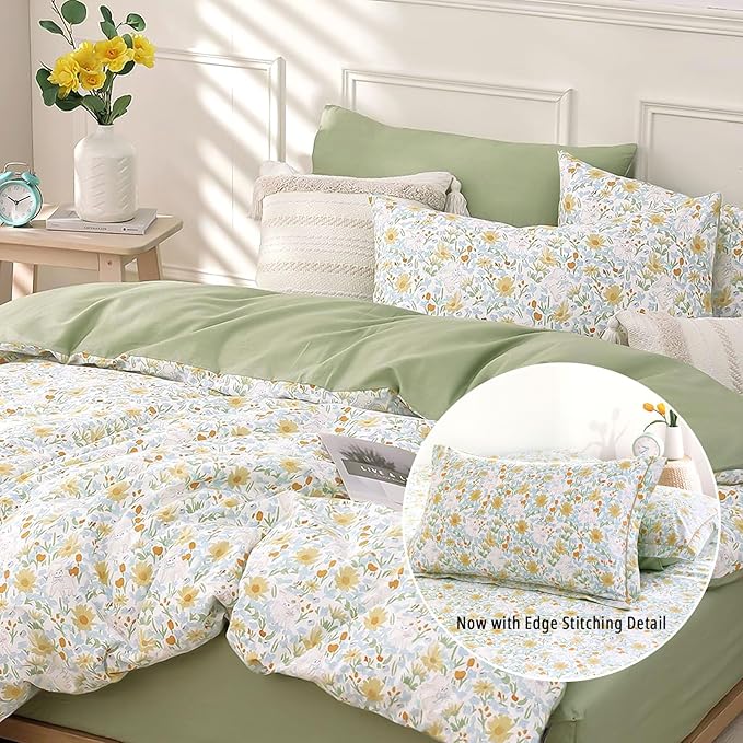 Floral Cotton Comforter King Size 3Pcs - Yellow and Blue Tiny Flowers & Little Lambs on White, Sage Green Back, Reversible Lightweight Bedding Sets with Soft Fill(King, 104"×90")