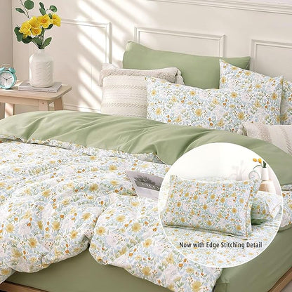 Floral Cotton Comforter King Size 3Pcs - Yellow and Blue Tiny Flowers & Little Lambs on White, Sage Green Back, Reversible Lightweight Bedding Sets with Soft Fill(King, 104"×90")