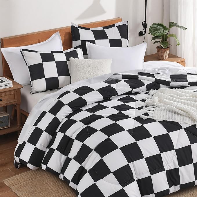 Andency Checkered Comforter Twin XL(68x92Inch), Black White Plaid Gingham Buffalo Grid Bed Set for Students Boys Kids Teens, 2 Pieces Lightweight Microfiber Geometric Dorm Bedding