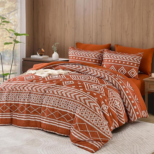 Yiran Burnt Orange King Comforter Set, 7 Piece Terracotta Boho Bedding Set, Geometric Bed in a Bag King, Soft Microfiber Bohemian Striped Complete Bedding Set with Sheets for All Season