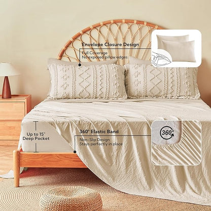 MR&HM Beige Comforter Set Queen, Tufted Boho Bedding Set, Farmhouse Bed in a Bag Set 7 Pieces with 1 Comforter, 2 Pillow Shams, 2 Pillowcases, 1 Flat Sheet, 1 Fitted Sheet for All Seasons
