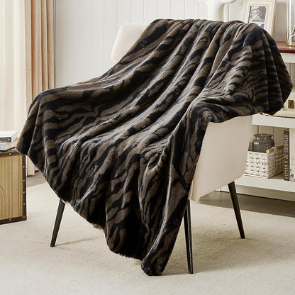 JONIYEAR Soft Fluffy Tiger Print Faux Rabbit Fur Throw Blanket 50" x 60",Luxury Decorative Cozy Shaggy Fuzzy Blankets,Reversible Cute Warm Animal Printed Blanket for Women Winter,Washable,Brown Coffee