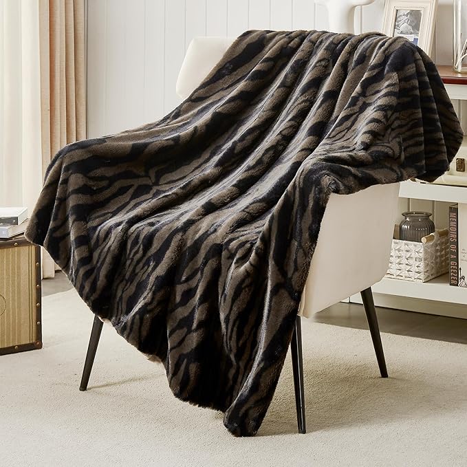 JONIYEAR Soft Fluffy Tiger Print Faux Rabbit Fur Blanket Twin Size 60" x 70",Oversized Luxury Decorative Cozy Shaggy Fuzzy Blankets,Reversible Warm Animal Printed Blanket for Women Winter,Brown Coffee