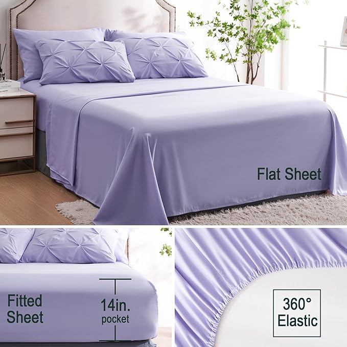 Ubauba Light Purple Queen Size Comforter Set - Bed in a Bag Queen 7 Pieces, Pintuck Beddding Sets Lavender Bed in a Bag with Comforter, Sheets, Pillowcases & Shams, Queen Size