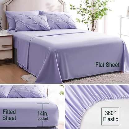 Ubauba 7pc King Size Comforter Set with Sheets, All Season Pintuck 7 Piece Bedding Sets Light Purple, Pinch Pleating Bed in a Bag Set with Comforters (Lavender,King)