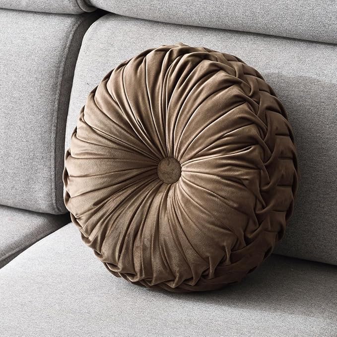 Round Throw Pillow Velvet 1 Pcs 14.17" Home Decoration Pleated 3D Pumpkin Pillow Cushion for Couch Chair Bed Car (Caramel Color)