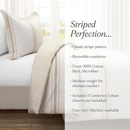 Lush Decor Farmhouse Stripe Reversible Cotton Comforter Set, 2-Piece, Twin XL Neutral - Twin Bedding Set - Dorm Decor - Striped Comforter for Farmhouse Bedroom Decor