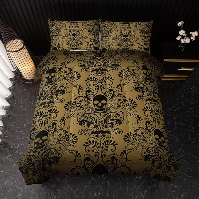 Adults Yellow Gothic Comforter Set Full Size,Vintage Damask Floral Bedding Set 3Pcs,Bohemia Bedding Set Goth Skull Printed Quilted Set for Teens Adult with 1 Comforter and 2 Pillowcase