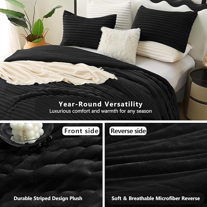 CozyLux Fluffy Queen Comforter Set - Super Soft Faux Fur Black Comforter Queen Size, Winter Warm Fleece Bedding Set, 3 Pieces Plush Fuzzy Bed Set (1 Shaggy Comforter, 2 Pillowcases)