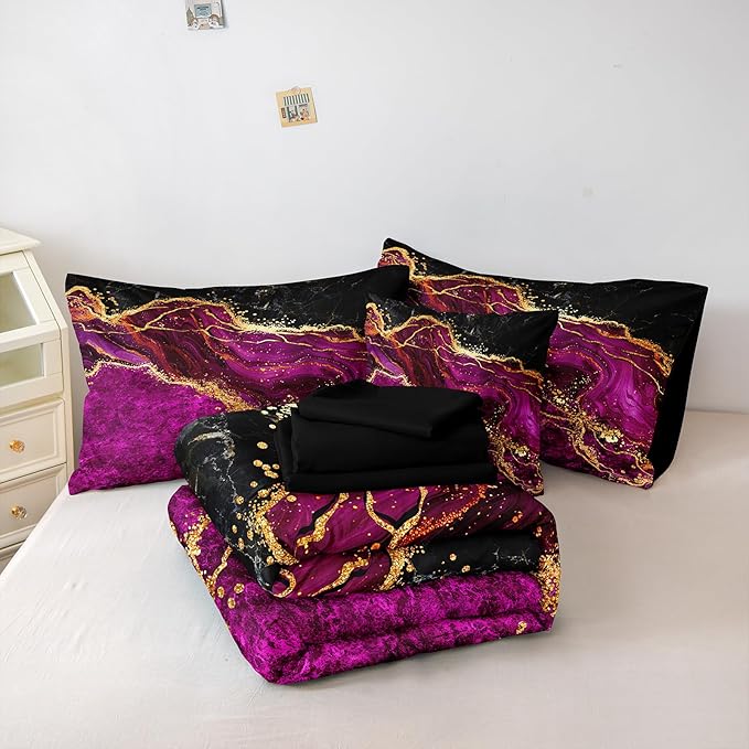 Black Gold Comforter Set 8 Pcs Hot Pink Marble Bedding Set King Size Bed in A Bag Purple and Black Marble Stone Texture Abstract Room Decor Black Marble Bed Comforter