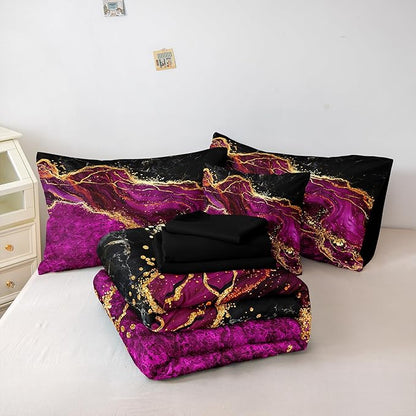 Black Gold Comforter Set 8 Pcs Hot Pink Marble Bedding Set King Size Bed in A Bag Purple and Black Marble Stone Texture Abstract Room Decor Black Marble Bed Comforter