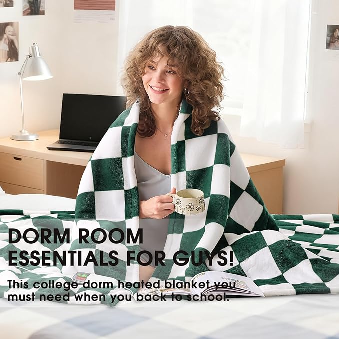 Heated Electric Blanket Throw, 50X60 Heating Blanket with 10 Heat Level & 8 Hours Auto Off for Lap, Dark Green Checkered Plaid Soft Sherpa Blankets Warmer Gifts for Couch Grandma Women Adults
