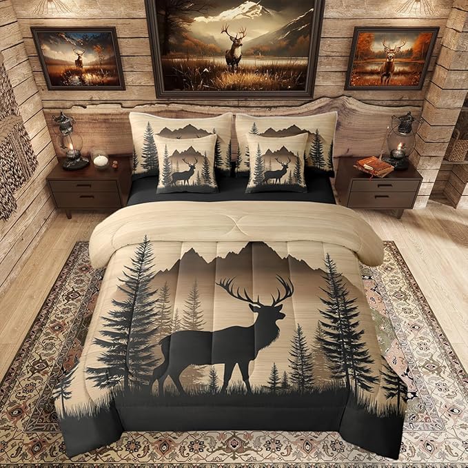 Erosebridal Woodland Cute Deer Bed in A Bag (King Size,7 Pieces) | Deer Hunting Comforter Set with Sheets Rustic Cabin Lodge Bedding Set for Kids Boys Girls Western Animal Silhouette Duvet Insert