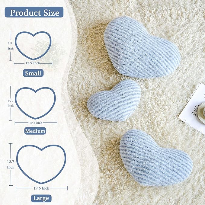 Dusty Blue Heart Pillows,12.9" Cute Heart Decorative Pillow, Stripe Heart Shaped Plush Throw Pillows for Bed