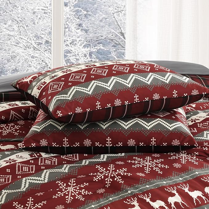 MaiRêve Christmas Queen Comforter Set, Red Reindeer Snowflake Bed Set for Holiday, Reversible Plaid Checkered Comforter Bed in a Bag, Soft Bedding Set 7 Pieces with Sheets, Pillowcases & Shams