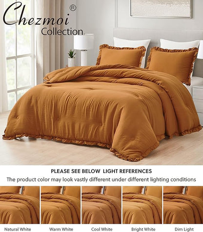 Chezmoi Collection Nora Spice Orange Comforter Set Twin Size 2-Piece Lightweight Soft Stone-Washed Ruffled Shabby Chic Bedding for All Season