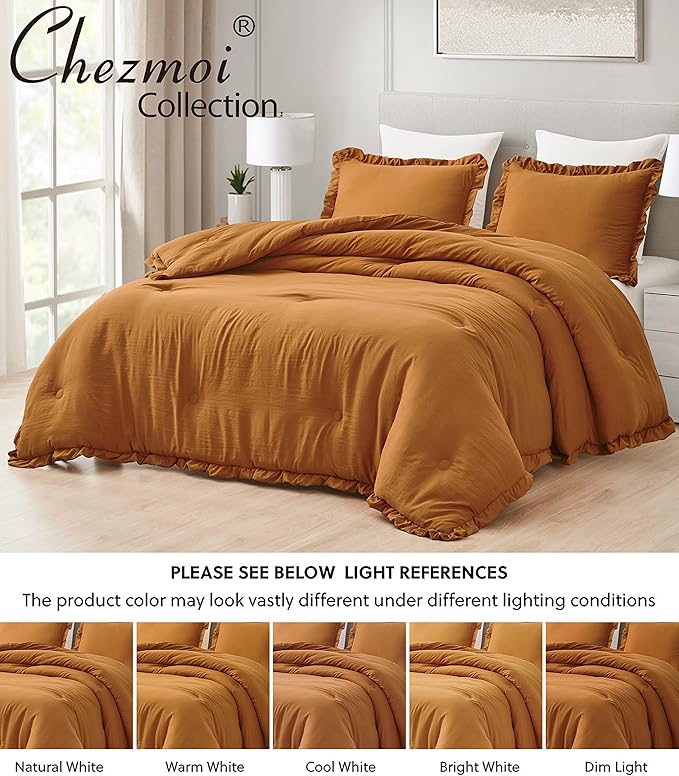 Chezmoi Collection Nora Spice Orange Comforter Set Queen Size 3-Piece Lightweight Fluffy Soft Stone-Washed Ruffled Shabby Chic Bedding for All Season