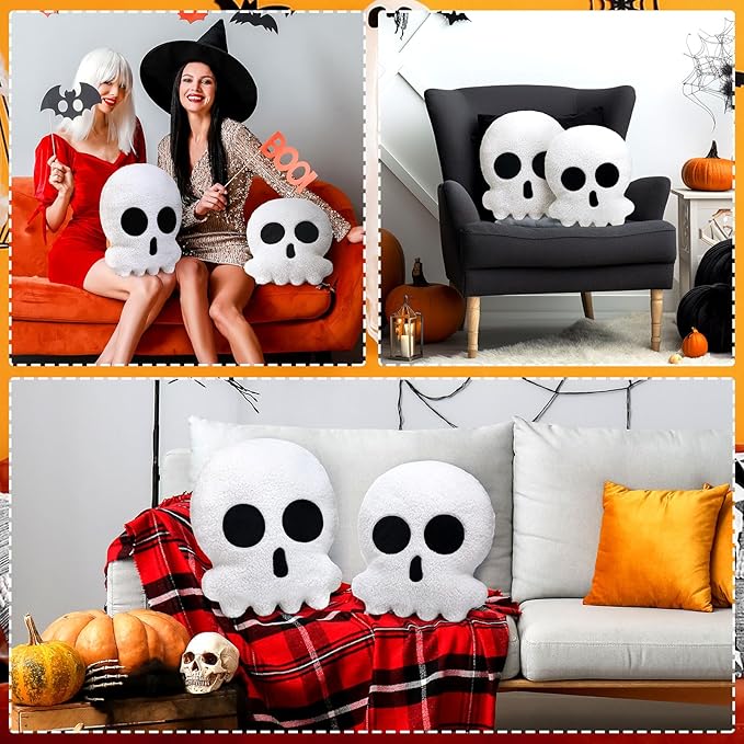 2 Pcs Skull Skeleton Pillows Decorative Skull Throw Pillows for Sofa Bed Couch Stuffed Gothic Party Outdoor Home Decorations Christmas Halloween Skeleton Decor Cushion (14 Inch and 12 Inch)