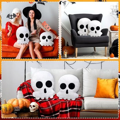 2 Pcs Skull Skeleton Pillows Decorative Skull Throw Pillows for Sofa Bed Couch Stuffed Gothic Party Outdoor Home Decorations Christmas Halloween Skeleton Decor Cushion (14 Inch and 12 Inch)