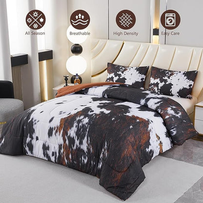 PERFEMET Queen Comforter Set 3 Pieces Cow Print Bedding Set Western Farmhouse Rustic Bed Comforter Set Black White Brown Cowhide Quilt Set