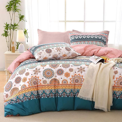 MUXHOMO Bed in a Bag King 7 Pieces, King Comforter Set Reversible Bohemian Botanical Flowers Design, Ultra Soft & Breathable Bedding Sets with Comforter, Sheets, Pillowcases & Shams