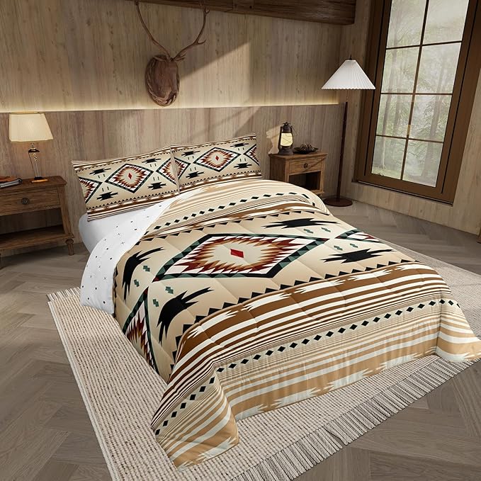 Feelyou Rustic Western Bedding Set Toddler Size Kids Southwest Native Comforter for Boys Girls Teens Geometric Boho Comforter Set Soft Microfiber West Room Decor