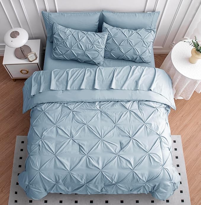 LANE LINEN Full Size Bed Comforter - 7 Piece - Refined Pintuck Finish for Hotel Style Bedding - Breathable Microfiber Bed in a Bag Comforter - Ideal Bedding for Apartments & First Homes - French Blue | Hotel sleep feel, Airy microfiber, Clean bed look,...