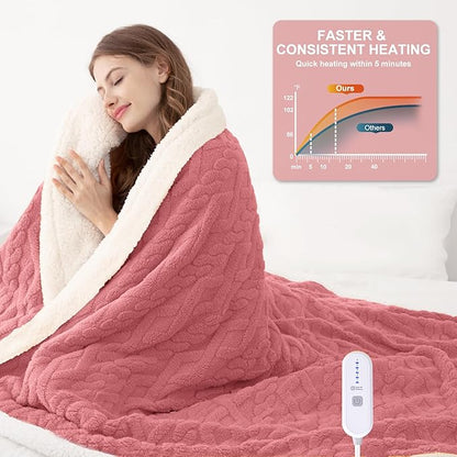 Heated Blanket Twin Size 62"X84" Pink - Soft Thick Warm Sherpa Electric Blanket for Winter with 5 Fast Heating Levels & 10hrs Auto Off for Women Gift, Overheating Protection for Office Bed