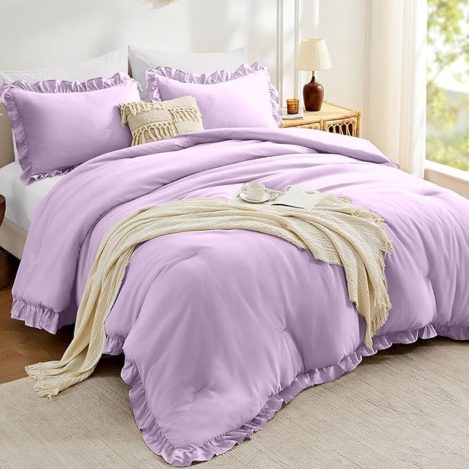 FUANNA Queen Comforter Set Lavender, 3 Pieces Ruffle Queen Bed Set, Fluffy Bed in a Bag Queen for All Seasons, Shabby Chic Bedding Comforter Sets with 1 Lightweight Comforter & 2 Pillowshams