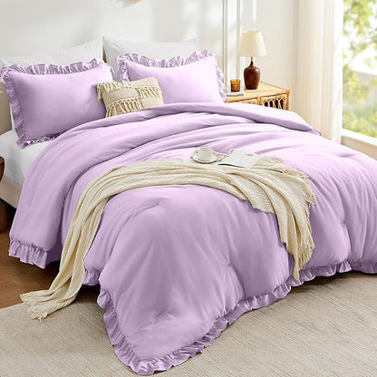 FUANNA King Size Comforter Set Lavender, 3 Pieces Ruffle King Bedding Set, Fluffy Farmhouse Bed in a Bag King with 1 Lightweight Comforter & 2 Pillowshams