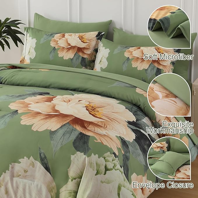 Dobuyly King Size Comforter Set 7 Piece Bed in a Bag, Olive Green Floral Comforter Set with Sheets, Soft Microfiber Botanical Flower Bedding Set for All Season