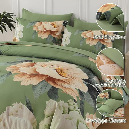 Dobuyly King Size Comforter Set 7 Piece Bed in a Bag, Olive Green Floral Comforter Set with Sheets, Soft Microfiber Botanical Flower Bedding Set for All Season