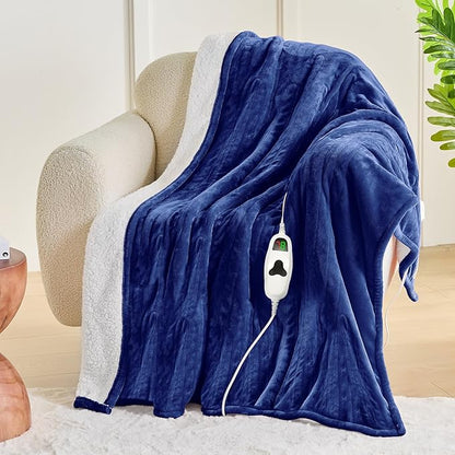 greenoak Heated Blanket Electric Full 72"X84", Heating Blanket with 10 Heat Levels 1/2/4/6/8 Hours Auto-Off, Soft Flannel Sherpa Warm Heater Christmas Blanket, Sea Blue