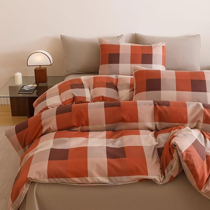 Cottonight Checkered Red Comforter Set Twin Gingham Grid Bedding Set Red and Khaki Grid Comforter Fluffy Soft Bedding Set Kids Teens Twin Comforter with 2 Pillowcases