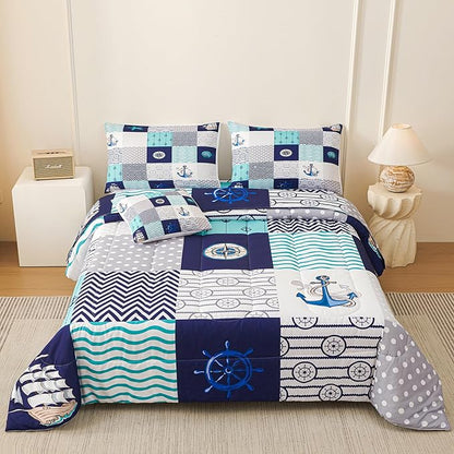 Namoxpa6 Pieces Sea Ocean Comforter Sets,3D Blue Pattern,Decorative 6 Piece Bedding Sets with Comforter,Flat Sheet,Fitted Sheet,Throw Pillow Cover,Pillow Shams,Full Size