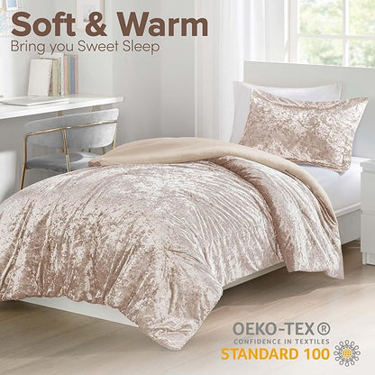 Comfort Spaces Luxe Velvet Comforter Set for Twin/Twin XL Size Bed, Microfiber Reverse, Juliette, All Season Bedding, Fluffy Sham, Champagne 2 Piece