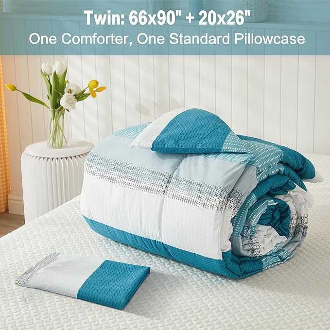 Litanika Teal White Comforter Twin Set, XL Twin Comforter Striped Bedding Comforter Set, 2 Pieces Lightweight Soft All Season Down Alternative Comforter