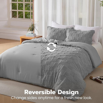 Joiedomi Tufted Twin Comforter Set, 2 Pieces Grey Boho Twin Bedding Set with 1 Plaid Geometric Comforter and 1 Pillow Sham, Checkered Bed in a Bag for All Seasons