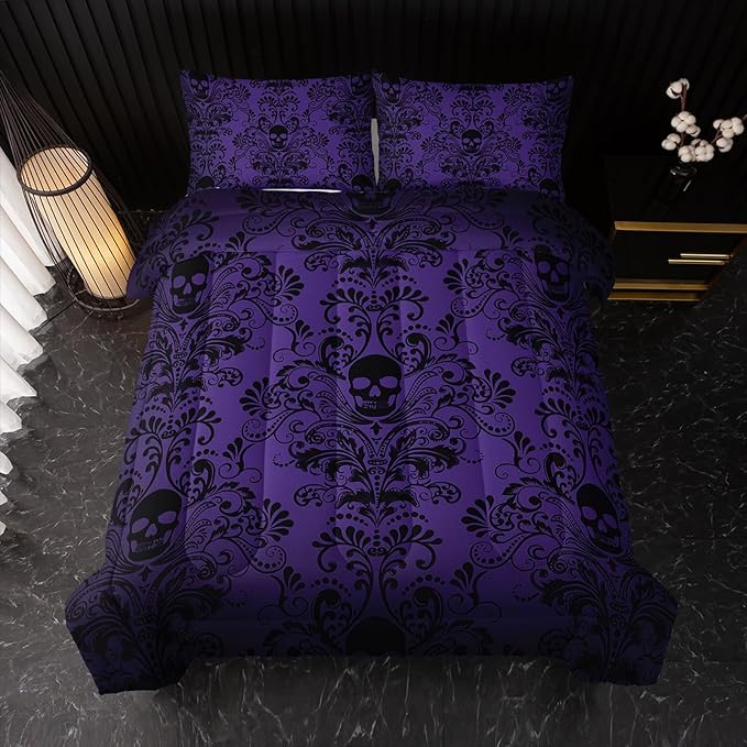Adults Violet Gothic Comforter Set Full Size,Vintage Damask Floral Bedding Set 3Pcs,Bohemia Bedding Set Goth Skull Printed Quilted Set for Teens Adult with 1 Comforter with 2 Pillowcase