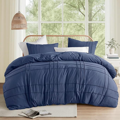 Comfort Spaces Navy Cal King Size Comforter Set - 3 Pieces Pintuck Pleated Bedding Sets, All Season Lightweight, Extra Softness Pre-Washed Microfiber Cal King Bed Set, Shams, Cal King