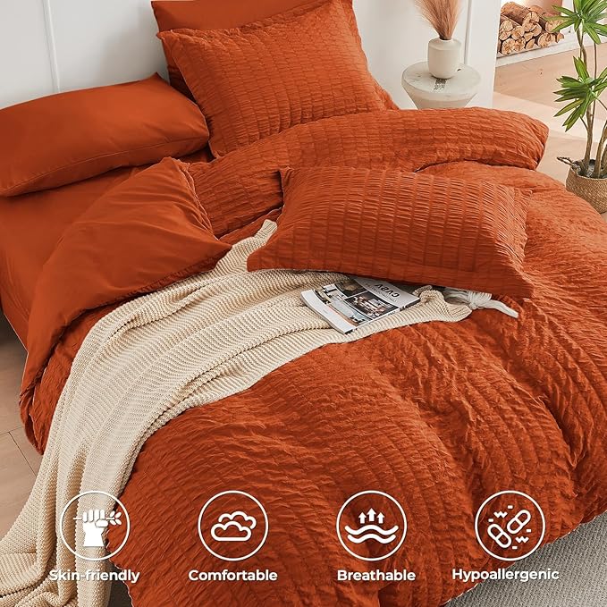 HYMOKEGE Burnt Orange Twin XL Comforter Set Seersucker 5 Pieces, All Season Luxury Bed in a Bag for Bedroom, Bedding Set with Comforter, Sheets, Pillowcase & Sham