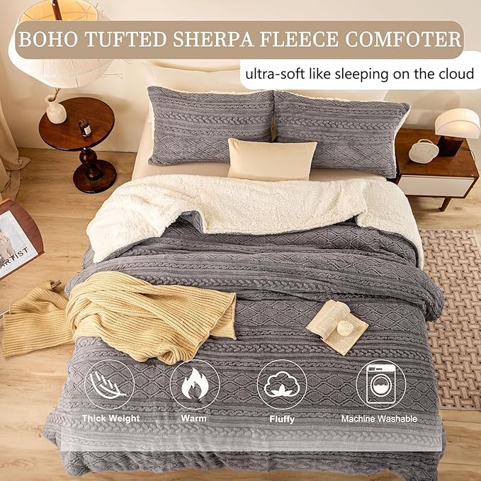 Warm Plush Sherpa Fleece Comforter Twin/Twin XL Set - Ultra-Warm Thickened Boho 3D Jacquard Softness Child Kid Bed Comforter Set Fluffy Surface for Cozy Autumn Winter Christmas Nights Grey